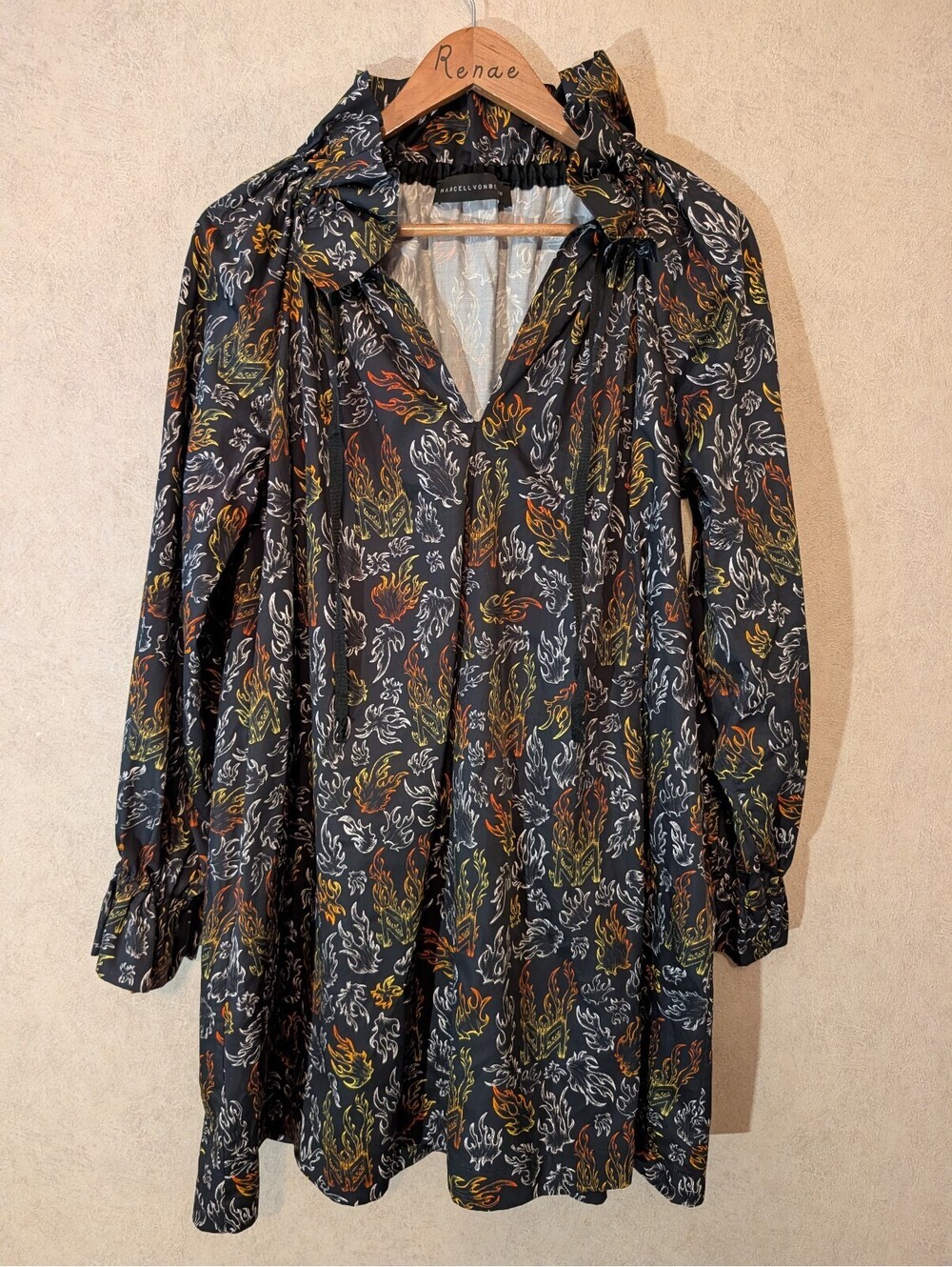 MARCELL VON BERLIN black orange flame long sleeve mini dress sz